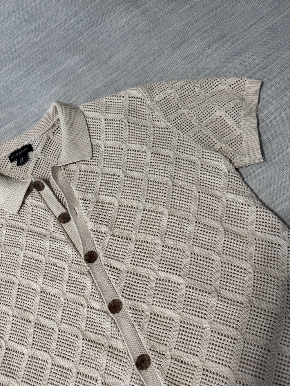 Art of Rhetoric Cream Crochet Knit Shirt Mens Sz XL Open Stitch Diamond Polo - Picture 5 of 12